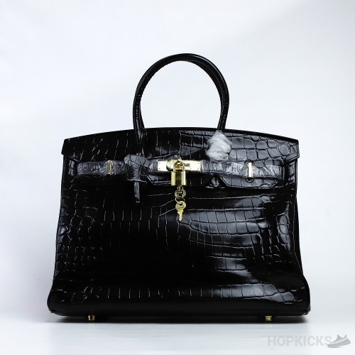 H*rmes Birkin Black Shiny Crocodile Bag Gold Hardware