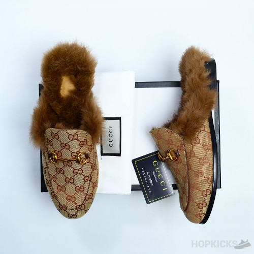 Gucci Princetown Beige GG Canvas Fur Mules 