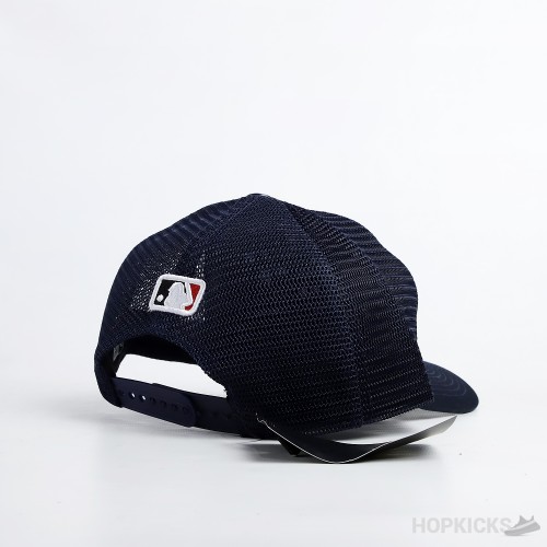 NY New Era Black White Logo Navy Trucker Cap