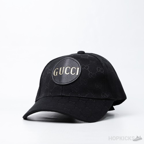 Gucci Gold Logo Pattern Black Leather Cap