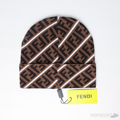 Fendi Ff Logo Beanie in Brown with White Stripe