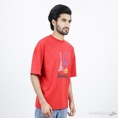 Balenciaga Paris Print Logo Red T-Shirt