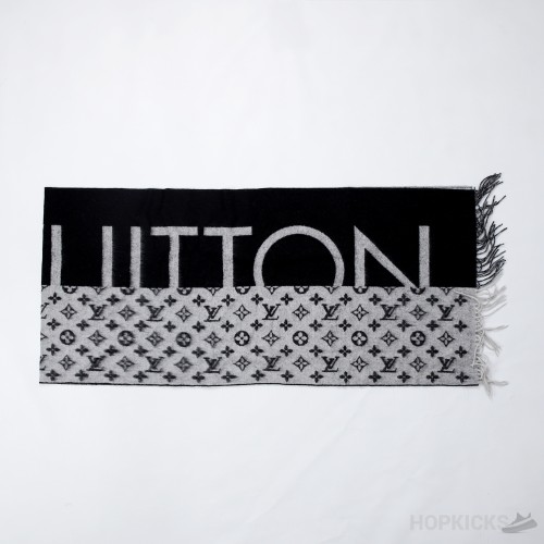 Louis Vuitton Black Grey Cashmere Silk Monogram Split Logo Scarf