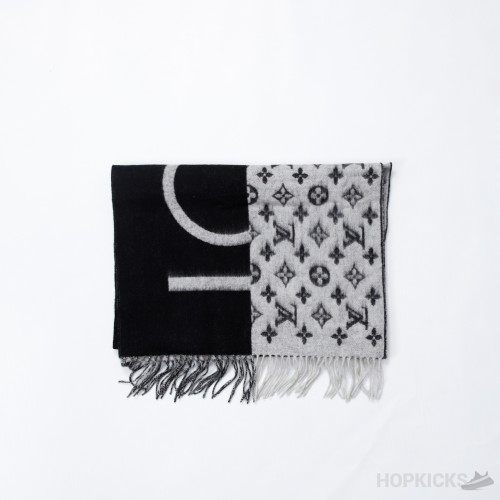 Louis Vuitton Black Grey Cashmere Silk Monogram Split Logo Scarf