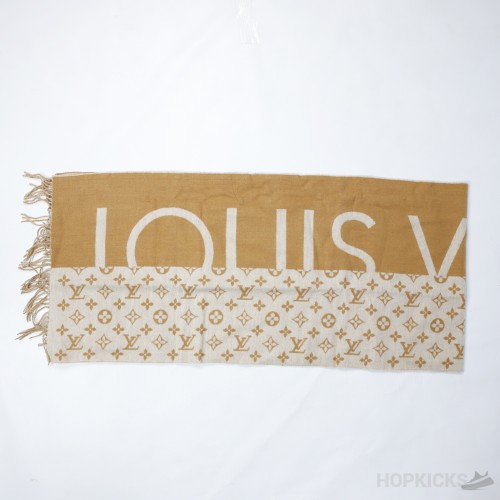 Louis Vuitton Brown White Cashmere Silk Monogram Split Logo Scarf