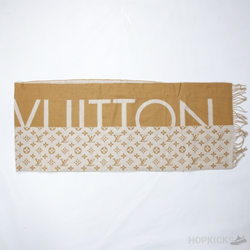 Louis Vuitton Brown White Cashmere Silk Monogram Split Logo Scarf