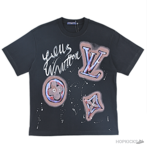 LV Logo, Flower & Star Printed Black T-Shirt (Imported Premium Finish)