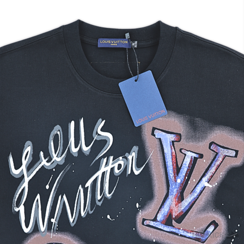 LV Logo, Flower & Star Printed Black T-Shirt (Imported Premium Finish)