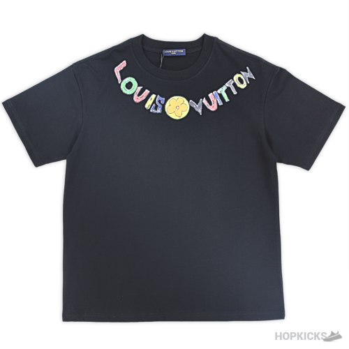 LV Curved Flower Logo Black T-Shirt (Imported Premium Finish)