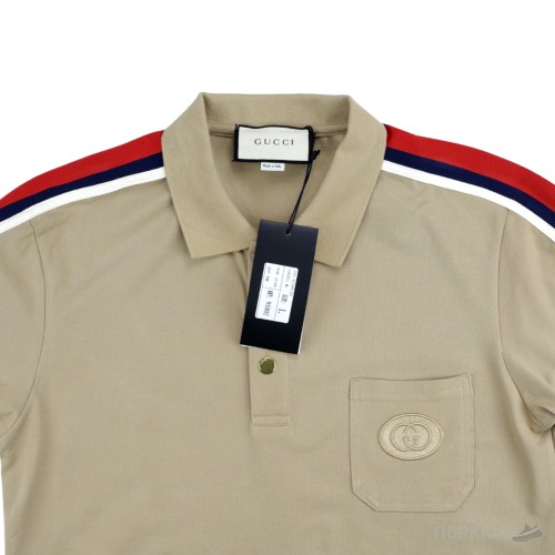 Gucii Beige Cotton Jersey Polo Shirt With Web (Dot Perfect)