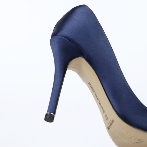 Manolo Blahnik Navy Blue Satin Hangisi Pumps (Dot Perfect)