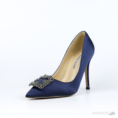 Manolo Blahnik Navy Blue Satin Hangisi Pumps (Dot Perfect)