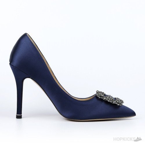 Manolo Blahnik Navy Blue Satin Hangisi Pumps (Dot Perfect)