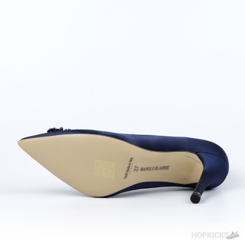 Manolo Blahnik Navy Blue Satin Hangisi Pumps (Dot Perfect)