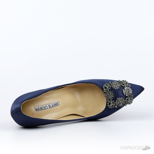 Manolo Blahnik Navy Blue Satin Hangisi Pumps (Dot Perfect)