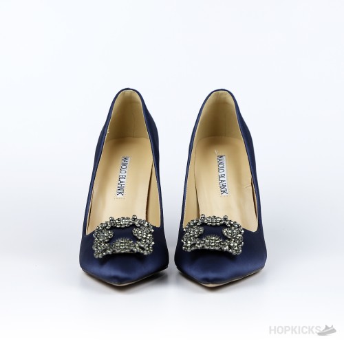 Manolo Blahnik Navy Blue Satin Hangisi Pumps (Dot Perfect)