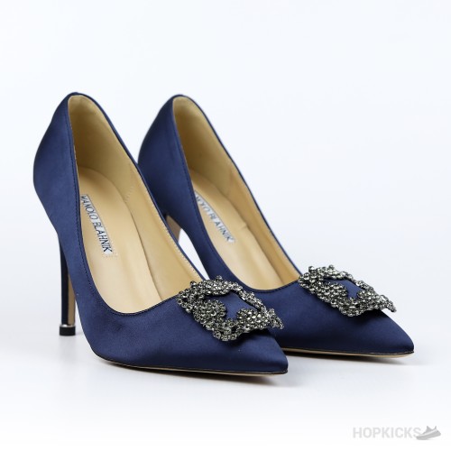 Manolo Blahnik Navy Blue Satin Hangisi Pumps (Dot Perfect)