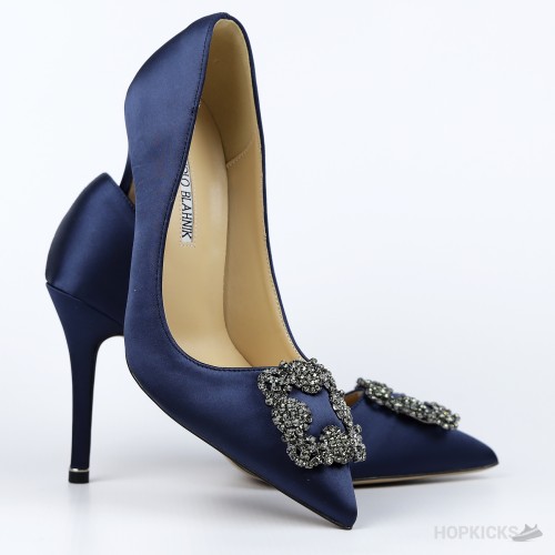 Manolo Blahnik Navy Blue Satin Hangisi Pumps (Dot Perfect)
