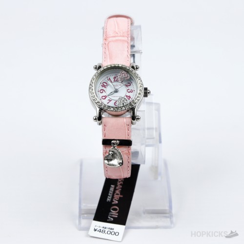 Alessandra Olla Crystal Bezel Heart Charm Pink Leather Watch