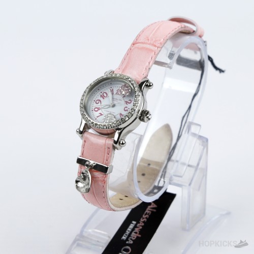 Alessandra Olla Crystal Bezel Heart Charm Pink Leather Watch