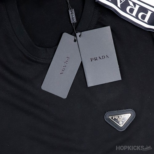 Prada Triangle Logo With Shoulder Stripes Black T-Shirt 