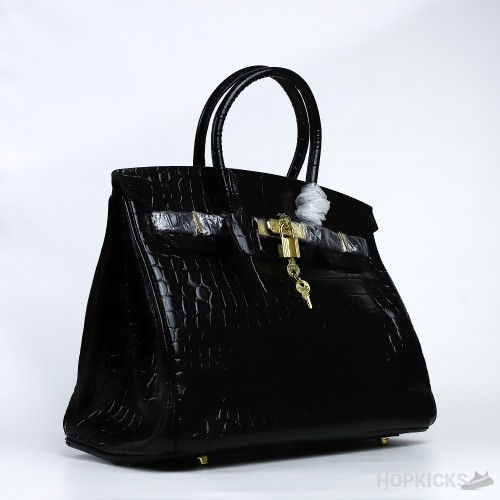 H*rmes Birkin Black Shiny Crocodile Bag Gold Hardware